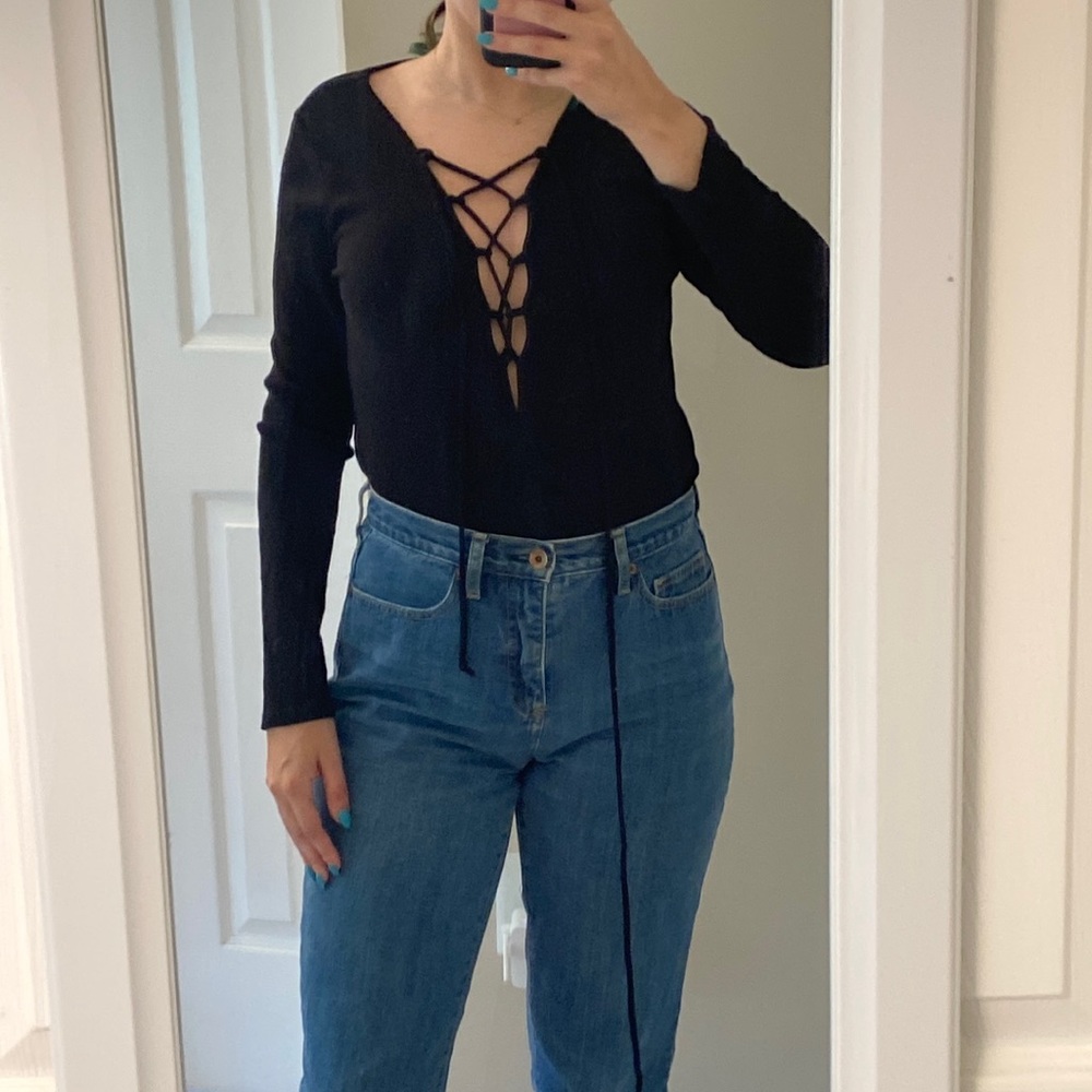 Black strappy long sleeve bodysuit